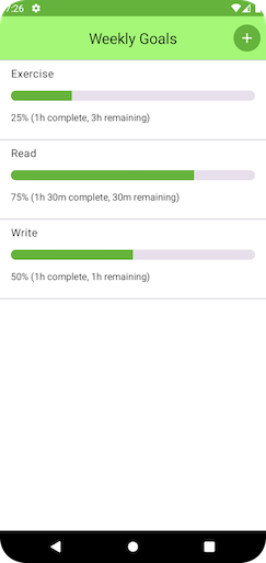 Weekly goals app screenshot