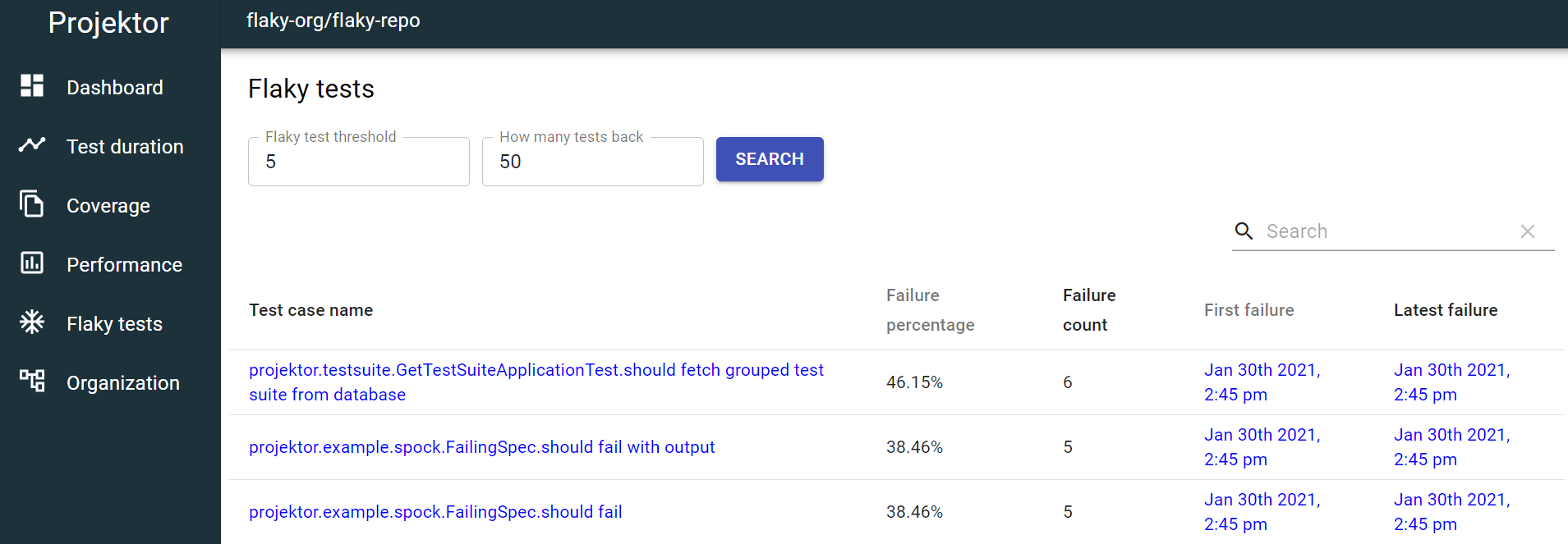 Projektor flaky test detection